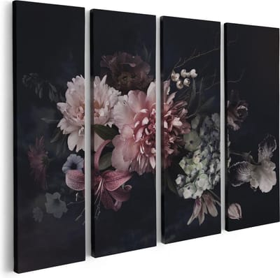Artaza Canvas Schilderij Vierluik Diverse Bloemen Op Zwart Achtergrond - 80x60 - Foto Op Canvas - Canvas Print