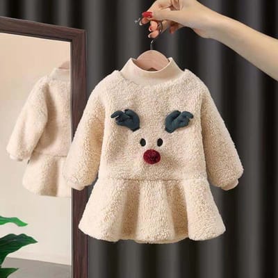 Pluche jurk voor meisjes Lief en mooi pullover A-lijn jurk Opstaande kraag Shirt met lange mouwen 3D Cartoon Eland Herfst Winter 120 gebroken witte kleur