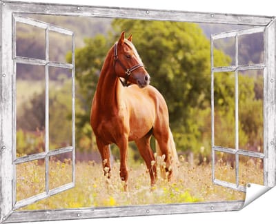 Gards Tuinposter Doorkijk Bruin Paard in de Wei - 180x120 cm - Tuindoek - Tuindecoratie - Wanddecoratie buiten - Tuinschilderij