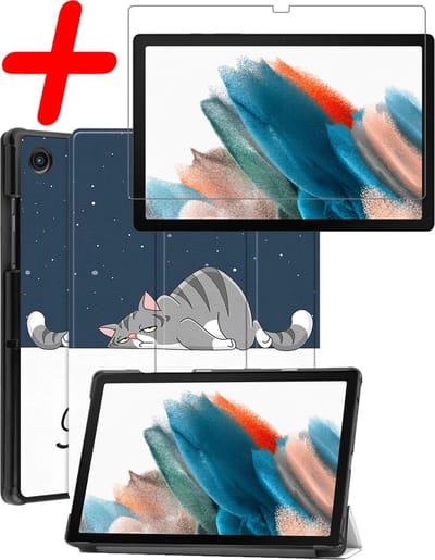 Hoesje Geschikt voor Samsung Galaxy Tab A8 - Met Screenprotector - Trifold Bookcase - Hard Cover - Hardcover Book Case - Tablet Hoes - Kat