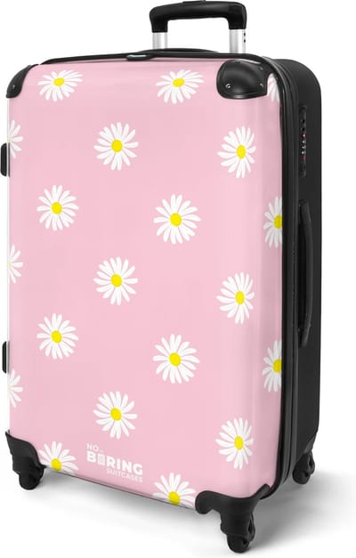 NoBoringSuitcases.com® - Koffer groot - Rolkoffer lichtgewicht - Pastel roze met madeliefjes - Reiskoffer met 4 wielen - Suitcase cabin - Grote trolley XL - 20 kg bagage