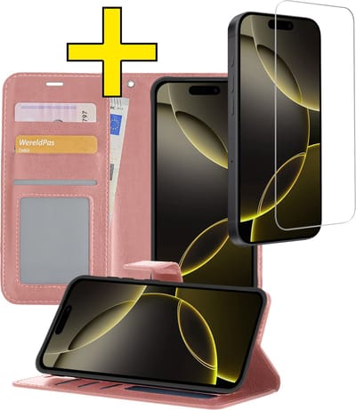Hoesje - Met Screenprotector - Geschikt voor Apple iPhone 16 Pro - Luxe Pasjeshouder - Bookcase Portemonee - Flip Case - Kunstleer Book Case - Flipcase - Book Cover - Walletcase - Portemonneehoes - Telefoonhoesjes - Rosé goud