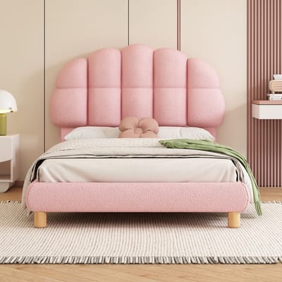 DESMIU Gestoffeerd Bed 90x200 cm – Eenpersoons Kinderbed Met Verstelbaar Hoofdbord – Houten Lattenbodem – Zonder Matras – Bouclé – Roze