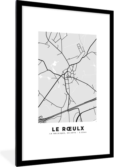 Fotolijst incl. Poster Zwart Wit- Plattegrond – Le Rœulx – Zwart Wit – Stadskaart - Kaart - 80x120 cm - Posterlijst