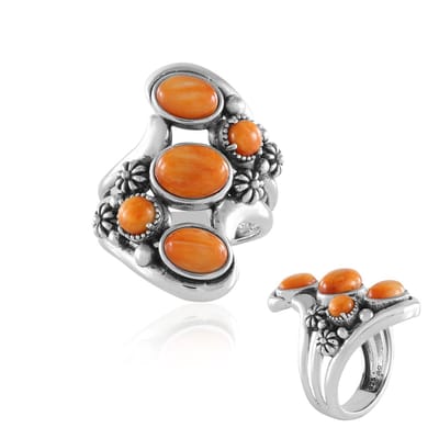 Cavill - Zilveren Ring - 925 Sterling Zilver - Oranje Stekelige Oester 3,09 ct - Ovaal & Ronde Cabochon - Bloemmotief - Mexicaanse Sieraden