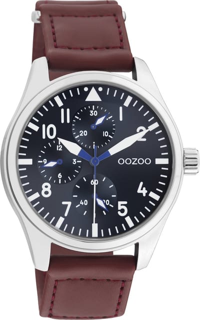 OOZOO Timpieces - zilverkleurige horloge met bruine klittenband polsband - C11006