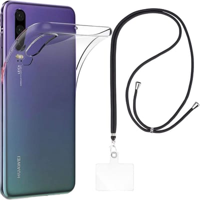 Set met hoesje en nekband voor huawei p30 - Flexibele, transparante TPU-bescherming, verstelbare universele nekband voor mobiele telefoons, zwarte nekband, transparante draagriem van Phonillico®
