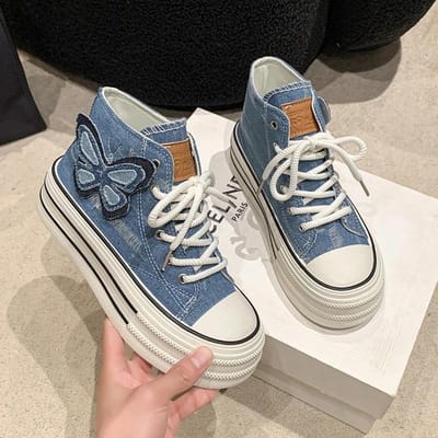 Dames Mode Gespsluiting Canvas Schoenen Hoge Top Gebroken Denim Enkel Korte Laarzen Veters Meisjes Studenten Dikke Zool Sneaker 38 gray