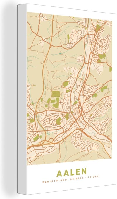 Canvas Schilderij Plattegrond - Kaart - Aalen - Vintage - Stadskaart - 20x30 cm - Wanddecoratie