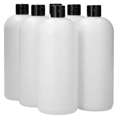 6 x 1000 ml ronde fles HDPE wit + Klepdop Zwart - BPA Vrij - Niet Breekbaar - Plastic Flesjes Navulbaar - Met Dop - Lege Flessen - 6 stuks.