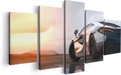 Artaza Canvas Schilderij Vijfluik Zilveren Sportwagen Auto Bij Zonsondergang - 100x50 - Foto Op Canvas - Canvas Print