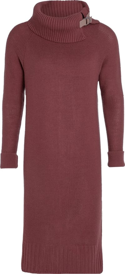 Knit Factory Jamie Gebreide Dames Jurk - Trui jurk dames - Wollen jurk - Herfst- & winterjurk - Wijde jurk - Met warme opstaande kraag - Stone Red - 36/38 - Knielengte
