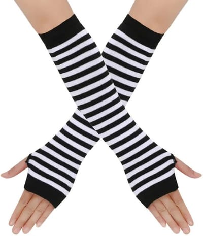 New Age Devi - Lange Vingerloze Zwarte Handschoenen - Gestreept Wit/Zwart - Voor een Alternatieve Gothic Look