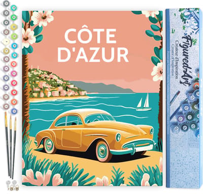Figured'Art Schilderen op Nummer Volwassenen canvas Reisposter Côte d'Azur- Handwerk acrylverf Kit DIY Compleet - 40x50cm zonder frame