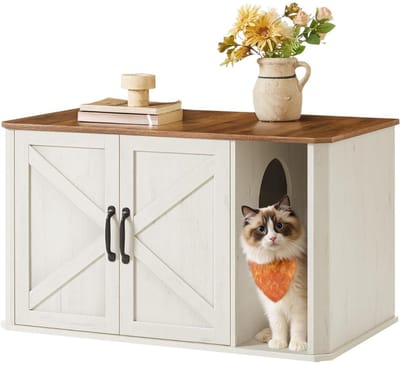 DnA® Kattenbakmeubel - Modern kattenbakmeubel - Hoofdingang met dubbele deuren - Honingbruin/Vintage wit - 85cm x 49cm x 50cm