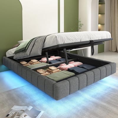 Gestoffeerd bedframe - Zwevend bed - Opbergen en slapen - Met ledverlichting - 140x200 cm - Grijs