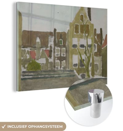 ® Glasschilderij 160x120 cm - Schilderij acrylglas - Groep huizen - Schilderij van George Hendrik Breitner - Foto op glas - Muurdecoratie woonkamer - Wanddecoratie slaapkamer - Schilderijen