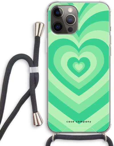 Case Company® - Hoesje met koord geschikt voor iPhone 12 Pro hoesje met Koord - Hart Groen - Telefoonhoesje met Zwart Koord - Bescherming aan alle Kanten en Over de Schermrand