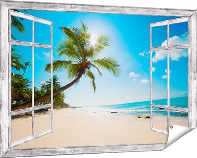 Gards Tuinposter Doorkijk Tropisch Strand en Zee in Sri Lanka - 150x100 cm - Tuindoek - Tuindecoratie - Wanddecoratie buiten - Tuinschilderij
