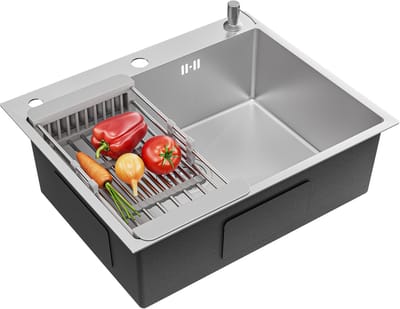 CECIPA max Spoelbak Keuken 60x49CM - Inbouwspoelbak - Gootsteen RVS - Spoelbak Met Kraangat - Spoelbak Met Zeepdispenser - Verstelbaar Mandje - Overloop en Sifon