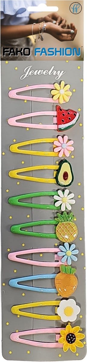 Fako Fashion - 10 Haarspeldjes Op Kaart - Haarclips Voor Meisjes - 10 Stuks - Bloemen & Fruit