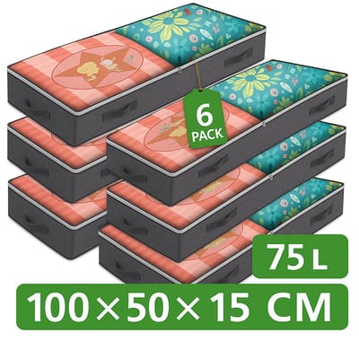 MeubelsvanJoep 6 stuks grote opbergdozen 75 liter, opbergdoos met deksel, versterkte handgreep, kleding, opbergtas, kledingdoos, verhuisdozen voor kleding, jurken, beddengoed, grijs