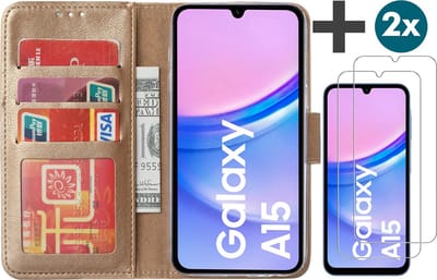 Hoesje met 2 Stuks Screenprotectors Geschikt voor Samsung Galaxy A15 – Arara bookcase met pasjeshouder - Goud