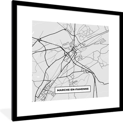 Fotolijst incl. Poster Zwart Wit- België – Marche en Famenne – Stadskaart – Kaart – Zwart Wit – Plattegrond - 40x40 cm - Posterlijst