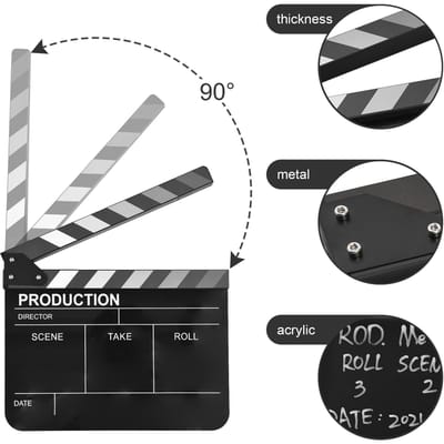 Claquoir Acrylique Clap de Film Claquette de Film Ardoise de Réalisateur Film Ardoise Couper Action Scène Claquette Film Ardoise Effaçable à Sec Type 2 noir