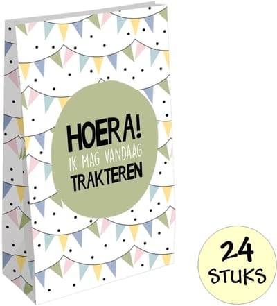24 Uitdeelzakjes Hoera! Ik Mag Vandaag Trakteren - 14x8x26cm - Verjaardag - Stevig Papier - Traktatie Zakjes - Papieren Zakjes - Cadeau Zakjes - Met Blokbodem - 24 Stuks