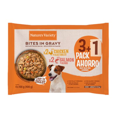 12x100g Nature's Variety Bites in Soße Mini Adult Huhn & Lachs Hundefutter nass