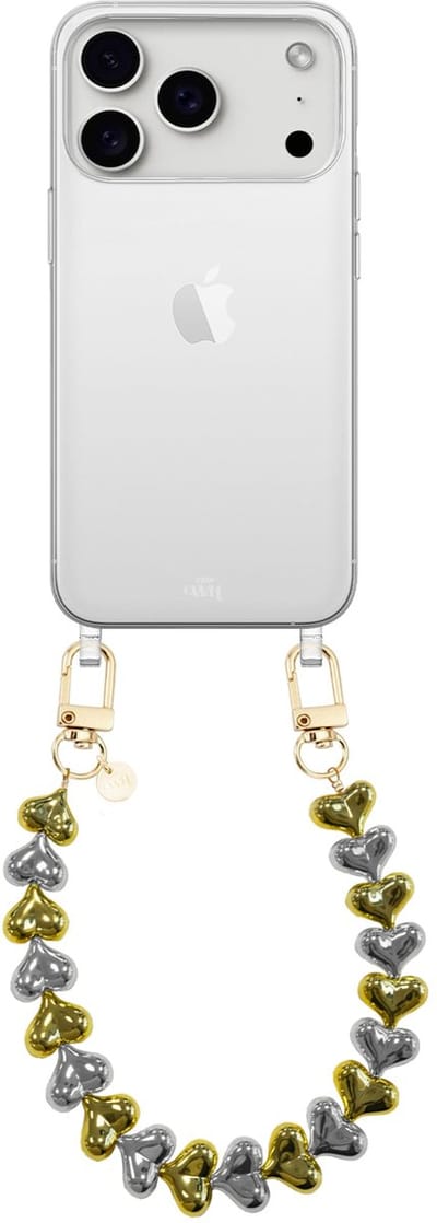 xoxo Wildhearts siliconen hoesje geschikt voor iPhone 17 Pro Max hoesje - Funky Hearts - Telefoonhoesje - Hoesje met koord - Goud / Zilver koord - kort telefoonkoord - Hartjes ketting - Transparant hoesje