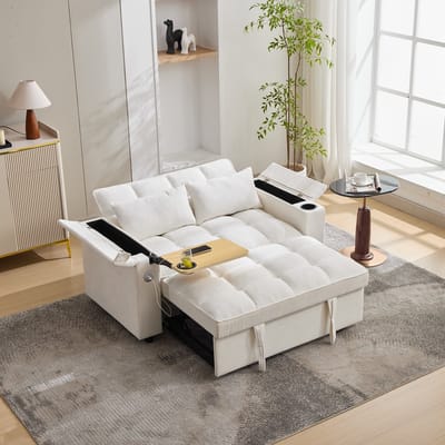Sofa - 3-in-1 Uitschuifbaar Slaapbank - Met Verstelbare Rugleuning, USB & Type-C, Verborgen Tafel & Bekerhouder - 140x74x82 cm (Uitgeklapt 161 cm) - Voor Woonkamer - 3-Zits Beige