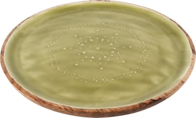 Dekoratief | Dienblad rond, naturel/groen, hout/enamel, 30x30x4cm | A248085
