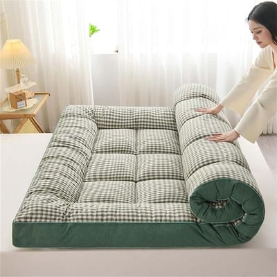 Futon Vloermatras - Slaapmatras Opvouwbaar - Comfortabel Slapen - Extra Dik Gewatteerd - 180 x 200 cm - Groene Plaid