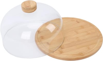 Taartstandaard met Koepel - Dessertplateau Serveerschaal - Gebak Presenteren - Hout en Glas Design - 28.8 cm Basis - Natuurlijk Hout
