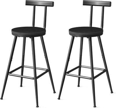 Set van 2 Barstoelen met Rugleuning, Verstelbare Poten, Stalen Frame voor Keuken en Woonkamer, Zwart
