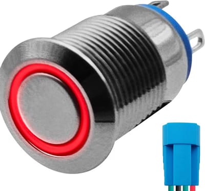 ProRide Metalen Pulsschakelaar 12V OFF-(ON) - 12mm - Momentschakelaar met Aansluitkabel - Spatwaterdicht - 12V/24V - LED Indicatie Rood