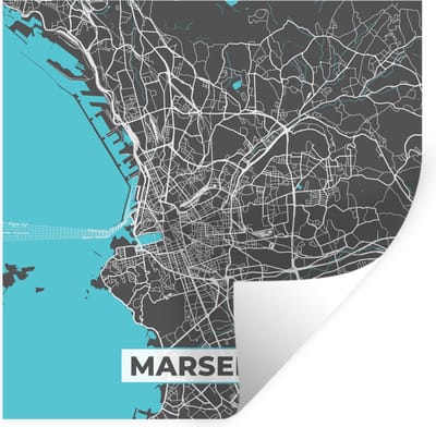 Muurstickers - Sticker Folie - Marseille - Frankrijk - Kaart - Plattegrond - Stadskaart - 100x100 cm - Plakfolie - Muurstickers Kinderkamer - Zelfklevend Behang XXL - Zelfklevend behangpapier - Stickerfolie