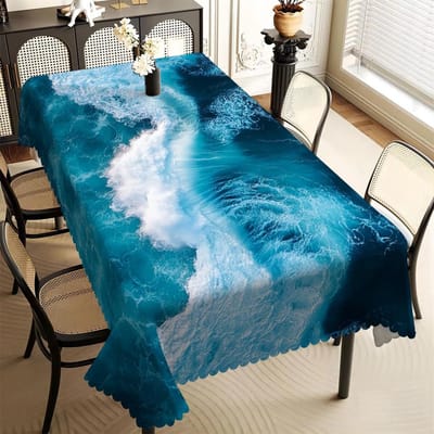 Tafelkleed met Oceaan Golf Print, Turkoois Zee Schuim Ontwerp met Golvende Rand, Vlekbestendig voor Eetkamer & Kust Decor 90x140cm blue