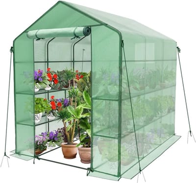 Famanu – Broeikas met 12 planken en ritsdeur, wandelbare tuinkas met sterke metalen frame, 143 x 215 x 195 cm, groen