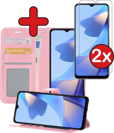 Hoesje - Met 2x Screenprotector - Geschikt voor OPPO A16s - Luxe Pasjeshouder - Flip Case - Bookcase Portemonee - Kunstleer Book Case - Flipcase Hoes - Book Cover - Walletcase - Portemonneehoes - Telefoonhoes - Lichtroze