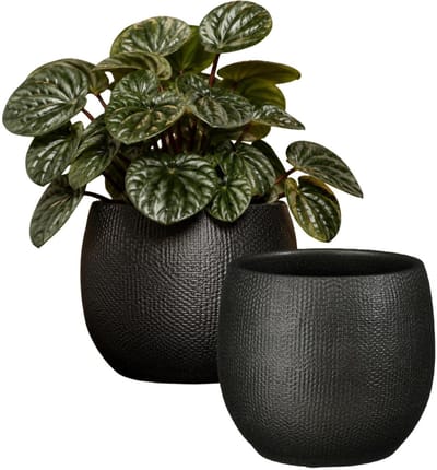 Mica Decorations Plantenpot - 2x - keramiek - antraciet glans / ribbels - D17 x H18 cm - bloempot Porto