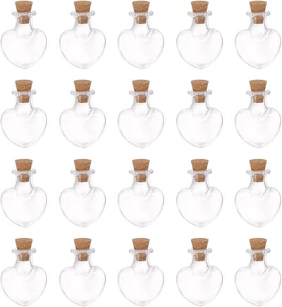 SnelShoppen - Pack van 20 Mini Glasflessen met Kurk en Vissenstopper, Hartvormige Kleine Glazen Flessen, Transparant, Voor DIY Kunst, Feestdecoratie e