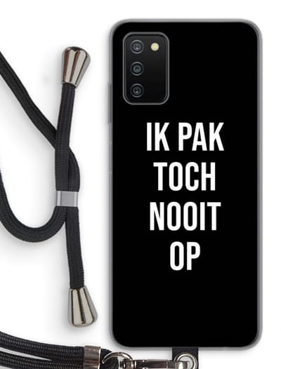 Case Company® - Hoesje met koord geschikt voor Samsung Galaxy A03S hoesje met Koord - Ik pak nooit op - Zwart - Telefoonhoesje met Zwart Koord - Bescherming aan alle Kanten en Over de Schermrand