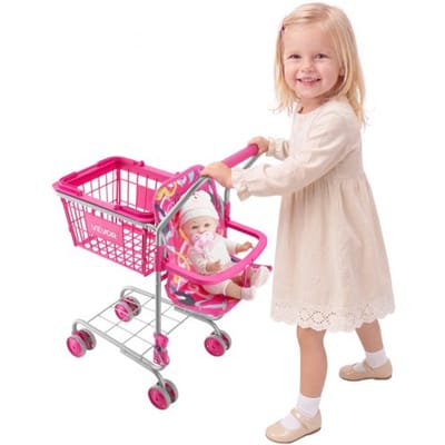 VEVOR Kinderwinkelwagen, Supermarktspeelgoed met inklapbaar zitje voor poppen, Stalen frame en wielen, Opvouwbaar speelgoedwinkelaccessoire met poppenspeelgoed, Winkelspelletjes voor kinderen vanaf 3 jaar