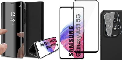 Hoesje geschikt voor Samsung Galaxy A53 - Book Case Spiegel Wallet Cover Hoes Zwart - Full Tempered Glass Screenprotector - Camera Lens Protector