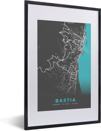 Fotolijst incl. Poster - Kaart - Bastia - Plattegrond - Plattegrond - Stadskaart - 40x60 cm - Posterlijst