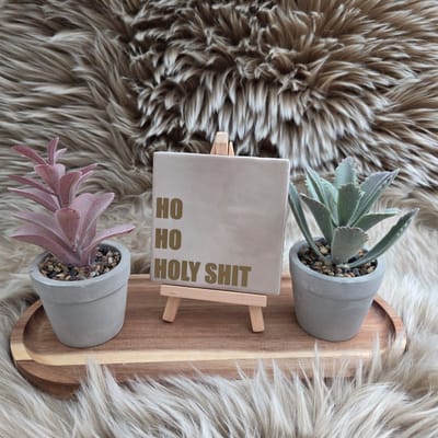 Robuust Wenstegeltje - Ho Ho Holy shit – Luxe Cadeautegel met Tekst - Trendy nu - Keramiek - Robuust - 10X10 - Kersttegel – Woordgrap
