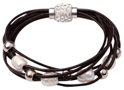 Zoetwaterparel armband Bling Pearl Brown - echte parels - echt leer - wit - bruin - zilver - magneetslot - luxe sieraden zakje - parel armband dames